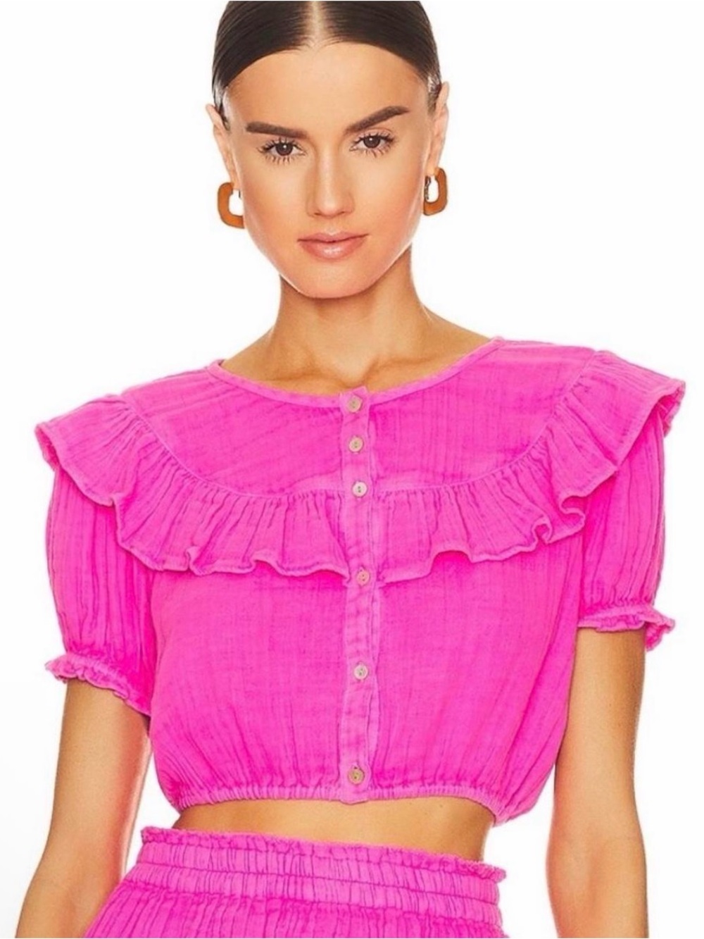 LoveShackFancy Elania Ruffled Crop Top in flirty fuschia